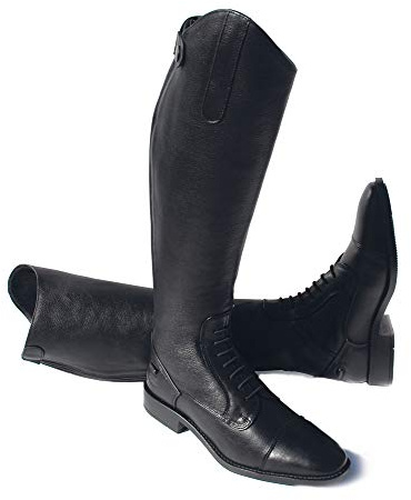 Rhinegold Elite Luxus BLACK LEATHER RIDING BOOTS - Soft Feel Leather, Comfortable Fit, Elasticated Laced Front, Women's Equestrian Boots with Full Length Back Zip, Size 10, EU 44, Calf 0