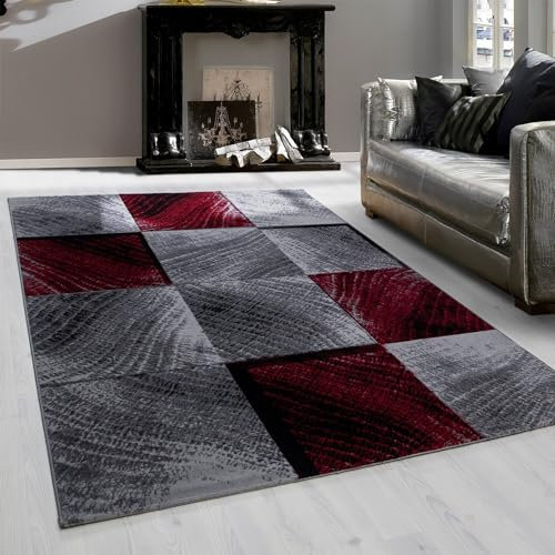 Teppium Moderner Kurzflor Teppich Wohnzimmer 160x230 cm Rot - Flauschiger Teppich Waschbar, Kariert Design, Pflegeleicht, Weich - Ideal für Schlafzimmer, Esszimer und als Küchenteppich