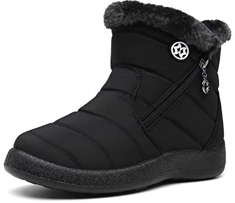 Hsyooes Winterstiefel Damen Wasserdicht Winterschuhe Warm Stiefeletten Winter Schneestiefe Gefüttert Kurzschaft Stiefel Rutschfeste Schlupfstiefel Boots Flach Schwarz A 39EU