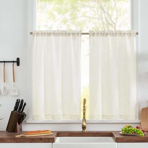 TOPICK Linen Blend Kitchen Curtains, 45 Inch Drop Small Cafe Curtains, Solid Pattern Light Filtering Short Curtain Tiers for Bathroom, Sink, Bedroom, Rod Pocket, 2 Panels, White, W 26 x L 45 Inch