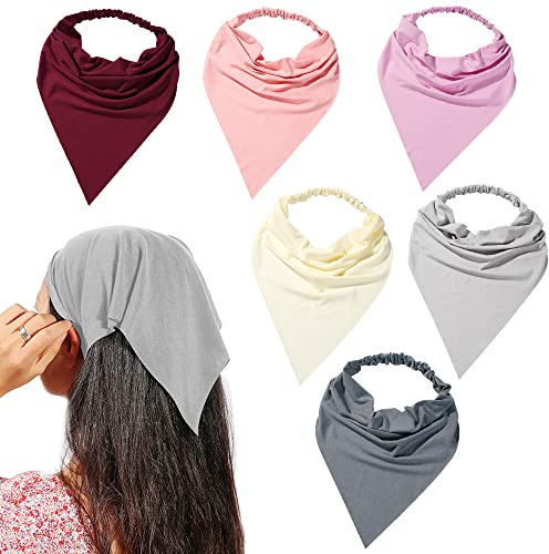 Vercret 6 Pack Hair Scarf Headband for Women - Elastic Hair Kerchief Large Boho Triangle Bandana Head Scarf with Clips Non Slip Solid Color Headbands Hair Scarves for Teen Girls