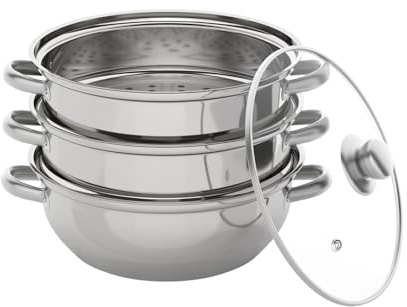 3 Tier Steamer Set Stainless Steel Cooker with Glass Lid Induction Safe 28cm Food Steam Pots Veg Pan Dishwasher-Safe (Typ A)