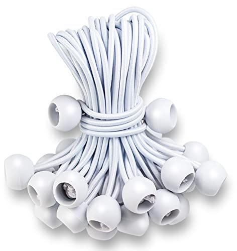 Ball Bungee Cords 6 Inch,50 PCS White Tarp Ball Bungee Ties Heavy Duty Canopy Tie Downs for Camping, Shelter,Cargo,Projector Screen,Tent Poles with UV Resistant