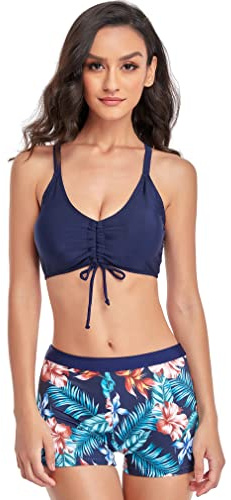 Jarseila Femme Maillot De Bain 2 Pièces Imprimé Bas de Bikini Shorty Taille Haute Bikinis Sexy Push Up Halterneck Bikini Top, Bleu, M