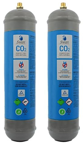 BELLEROFONTE Swan Co2 Einweg Zylinder Vorratsflasche mit 600 gr Füllung E290 Kohlesäure Gewinde M11x1 für Wassersprudler, Kühlaggregate und Trinkwasserspender, 2 Stücke, Grau
