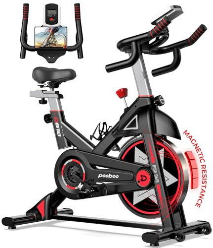 Motionscykel, pooboo stationär cykel för hemgym, magnetisk resistens inomhus cykelcykel med bekväm sittdyna och iPad-montering, tyst bältesdrift inomhuscykel för konditionsträning (röd – magnetisk