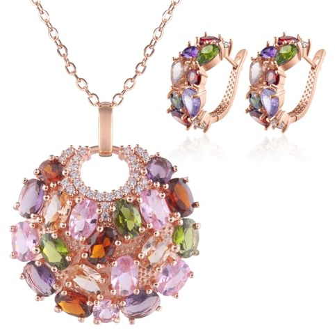 Mecool Flower Pendant Necklace and Earring Set - Cubic Zirconia Necklace Stud Earrings Jewellery Set for Women | Ladies Jewellery (Colourful Golden)