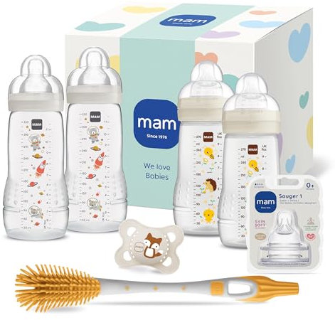 MAM Easy Active Baby Bottle-Set | 0+ Mon | Babyflaschen-Set für Neugeborene | 94% Akzeptanz | stillfreundlich | 4 Trinkflaschen, 1 Original Schnuller, 1 Sauger & 1 Soft Brush | beige