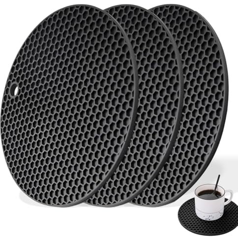3 Pezzi Sottopentola Silicone, 18x0.5 CM Presine in Silicone da Cucina Forma di Alveare, Presine Silicone da Cucina Resistente al Calore Fino A 230 °C (Nero)