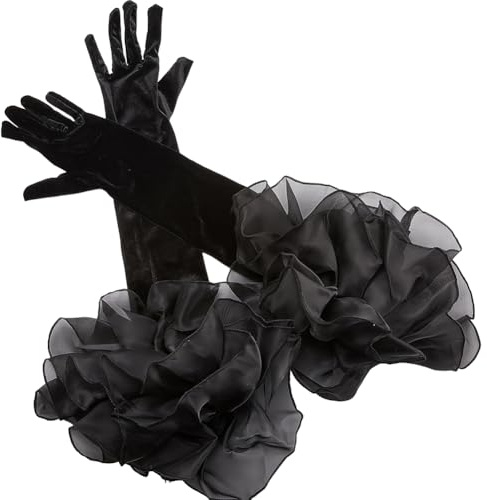 CABODYALS Black Satin Wedding Gloves Long Retro Formal Soft Velvet Stretchy Mittens with Sheer Tulle Ruffle Pleated Cuff Over Elbow Glove for Adult Women Costume Bridal Evening Dress Halloween Cosplay