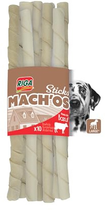 RIGA - Mach'os - Bâtonnet Torsadé Blanc - Friandise Chien - Peau De Buffle - Riche en Protéines - Hygiène Buccale - Mastication Et Récompense - pour Grand Chien - x 10