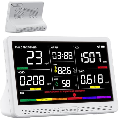 bonoch Monitor de Calidad del Aire 16 en 1 para Interiores con Pantalla de 7 – 9 AQI + 7 Alertas AQI – Medidor de CO2, TVOC, PM2.5, PM1.0, PM10, HCHO, Temperatura, Humedad, AQI y Hora – Para Hogar