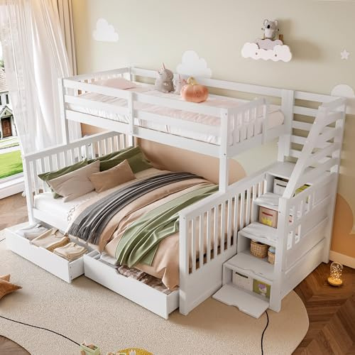 KEYIDE Letto a castello 90 x 200 + 140 x 200 cm per 2-3 bambini, lettino con vano portaoggetti e cassetti, letto a soppalco con scale e 2 cassetti, letto in legno con rete a doghe, protezione dalle