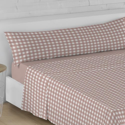 LEBENGOOD Juego de Sabanas Cama Diseños Cómodas Suaves Bajera Ajustable Encimera y Funda de Almohada 50% Algodón Oeko-Tex® 90x190/200 cm 144 Hilos Fácil Planchado (090 Vichy Rosado)