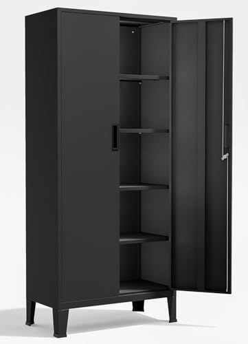 YOUDENOVA Aktenschrank,180 x 80 x 40 Metall Aktenschrank Abschließbar mit 2 Türen,Mehrzweckschrank mit 5 Ebenen,Mehrzweckschrank mit verstellbare Ablagen Schwarz