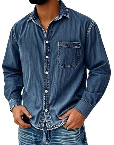 Chemise en jean à manches longues pour homme - Coupe droite - Style occidental - Confortable - Avec poches sur la poitrine - Pour un usage quotidien - Robuste - En coton - Look jean classique