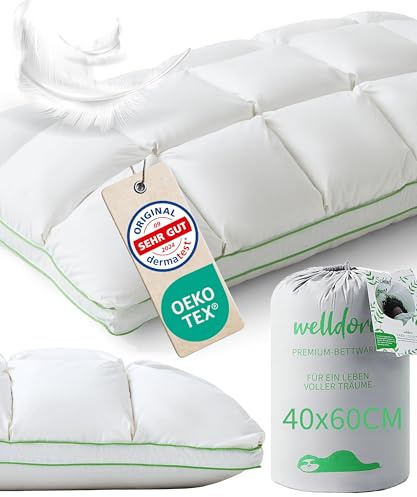 Welldora Almohada Premium 40x60 cm, 100% Fibras de plumón y Plumas, Media