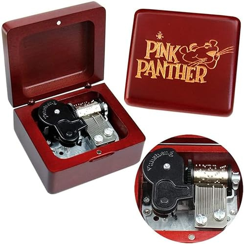 Sinzyo Music Box Vintage Wood Carved Mechanism Musical Boxs Gift For Birthday Valentine's Day Christmas Day(Pink Panther -Wine Red Box)