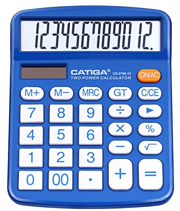 CATIGA Calculadora de Escritorio de 12 Dígitos con Pantalla LCD Grande y Botón Sensible, Doble Alimentación Solar y Batería, Función Estándar para Oficina, Hogar, Escuela, CD-2786