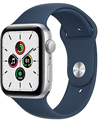 Apple Watch SE (1. Generation) (GPS, 44mm) Smartwatch - Aluminiumgehäuse Silber, Sportarmband Abyssblau - Regular. Fitness-und Aktivitätstracker, Herzfrequenzmesser, Wasserschutz