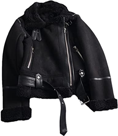 Hinewsa Chaqueta de cordero gruesa y cálida para mujer, abrigo corto de piel de oveja sintética, abrigos marrones, chaquetas de piel de oveja sintética para exteriores, Negro, S