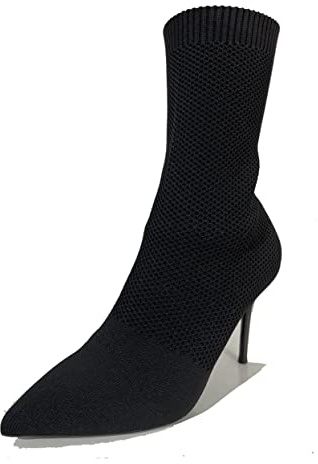 Jeesay Women's Sexy Pointed Toe Sock Ankle Boots Stiletto High Heels Mid Calf Booties Stretch Knit Shoes Warm (7.5, Black, numeric_7_point_5)