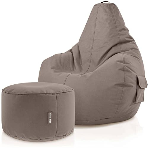 Green Bean© Set de 2: Pouf + Tabourets - remplis - Robustes lavables résistants à la saleté - Enfants & Adultes Bean Bag Coussin de Sol Lounge Chaise Fauteuil Relax Gamer Siège de Gaming - Kaki