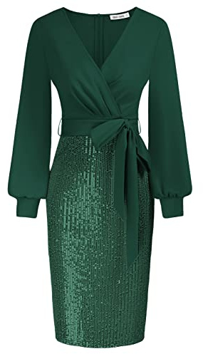 GRACE KARIN Womens Midi Evening Dress Long Sleeve V-Neck Formal Bodycon Sequins Cocktail Dresses Dark Green XXL