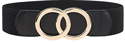 Weenkeey Ceinture Élastique Large pour Femme - Extensible Rétro avec Double Boucle Circulaire - Pour Robes et Manteaux - Noir, Taille Unique