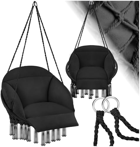 tectake® Fauteuil Suspendu Relax style boho Ø80cm, Design Intérieur & extérieur Fauteuil Relax max. 160kg Fauteuil de Lecture Cocooning 1 Place, pompons, Coussin Chaise XXL Moelleux épaisseur 10-12 cm