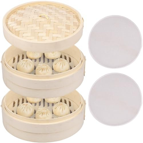 Vaporera de bambú de bambú, 25 cm, vaporizador tradicional de bambú y vaporizador, incluye paños de algodón para arroz, dim sum, verduras, pescado, carne, etc. (2 capas)