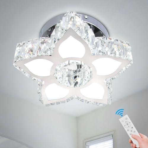 Cainjiazh Dimmable Crystal Chandelier Modern Crystal Chandeliers Flush Mount Ceiling Light Lamp Fixture for Dining Room Living Room Bedroom Hallway Remote Control