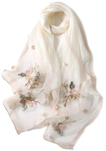 Anvevkn Women's Silk Embroidered Scarf Lightweight Shawls and Wraps for Weddings Fashion Elegant Pashmina Shawl Embroidered Scarves(C-White)
