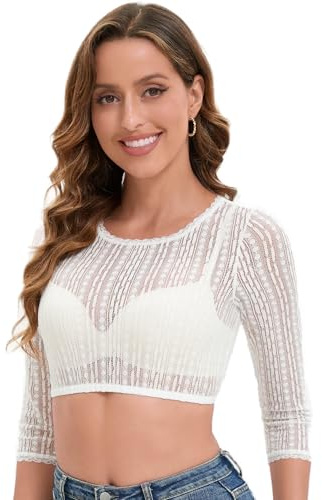 Adisno Dirndl Camicetta da Donna, Elegante e Camicetta in Pizzo Girocollo, Bianco, 38