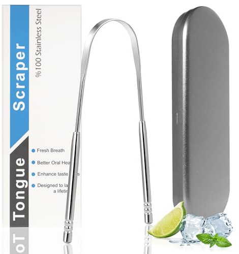 Tongue Scrapers for Adults, Oral Hygiene for Fresh Breath, Stainless Steel Tongue Cleaner, Metal Tongue Scraper with Case (Silver, 1 Pcs)