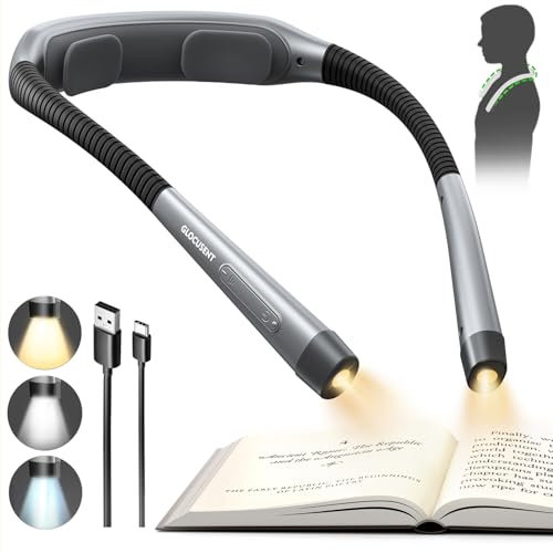 Glocusent Reading Lights for Books in Bed, 1600mAh Neck Light & Book Reading Light: 3 Colors & 5 Stepless Brightness, Timers & Sleep Aid, Travel Lock, Ergonomic for Reading, Knitting & Craft