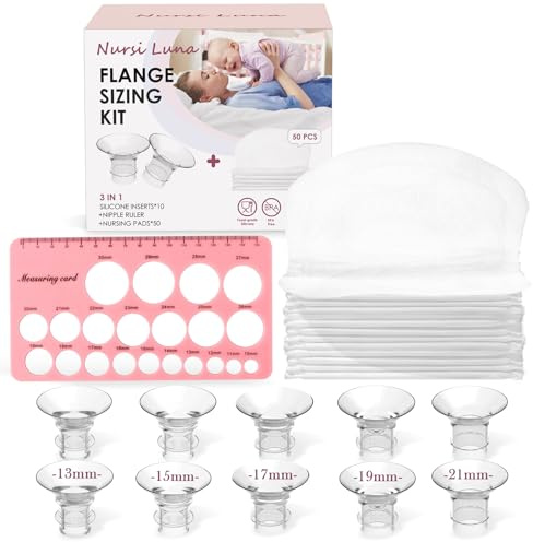 Nursi Luna Kit di dimensionamento flangia con inserti flangiati 13/15/17/19/21 mm, 10 pezzi, righello per capezzoli, 50 cuscinetti, kit di inserti flange in silicone per la maggior parte dei tiralatte
