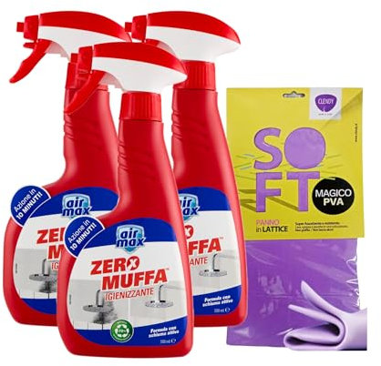 3x A. Max Zero Muffa Igienizzante, Efficace su Muffe, Alghe e Muschi da Luoghi Umidi sia Interni che Esterni, Ultra Concentrato, Non Cola, Formato da 500ml + OMAGGIO 1 Panno Lattice 30x30