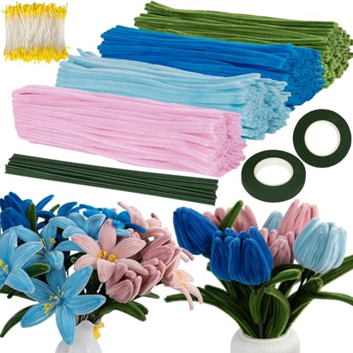 VOKABY 400 Piezas Limpiapipas Manualidades,4 Colores Limpia Pipas,400 Piezas de Estambres,20 Piezas de Alambre de Flores (Azul)