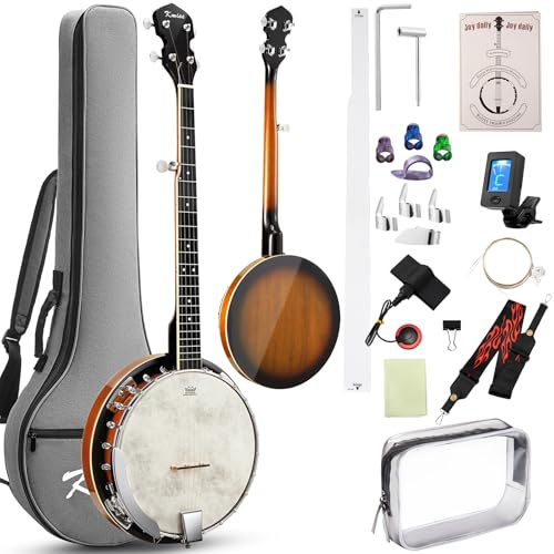 Banjo, Kmise 5 String Beginner Banjo 38 inch Full Size with Remo Head Closed Back with Removable Resonator, Tuner, Strings, Finger Picks, Strap, Bag, Accessories Set Gift Choice for Adults Beginner