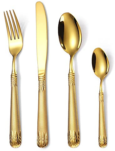 16 Delar Silverbestick Kniv/Gaffel/Sked/Lång Tesked Spegel Polerad Diskmaskinssäker Bestick，16Pcs Golden