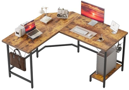 Mericonia L Shaped Desk, Diamond Design for Socket, 120x110cm, Brown | Corner Gaming Desk with 2 Hooks, Easy to Assemble, Computer Desk for Home Office, All-in-One Solution for Work & Leisure