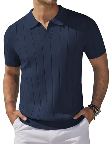 COOFANDY Polo de Hombre de Manga Corta, Polo de Punto de Verano con Cuello en V para Golf, Poloshirt para Hombres Azul Marino 2XL