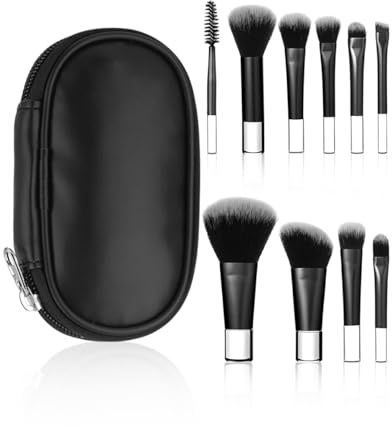 WINXMIN Mini Set di Pennelli per il Trucco, Set di Pennelli per il Trucco da 10 Pezzi da Viaggio con Borsa in Pu, per Cosmetici Portatile per Viaggi d'Affari, Vacanze, Campeggio (Nero)