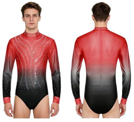 Aiihoo Latin Dance Top for Men Figure Skating Bodysuit Long Sleeve One-piece Leotard Shiny Rhinestones Party Red M