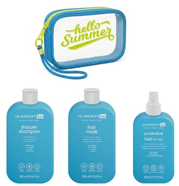 SUMMERING Kit Estivo Capelli, Shampoo Doposole 300ml, Maschera per Capelli solare 10 in 1 300ml, Fluido Protettivo UV 150ml Con Olio di Monoi, Senza Siliconi e Parabeni con Pochette Omaggio