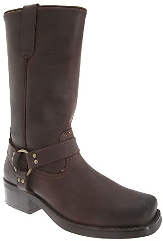 Mens 11 inch Leather Pull On Western Harness Cowboy Biker Boots Available in Sizes 7,8,9,10,11,12 (Mens UK 9 / EU 43, Dk.Brown)
