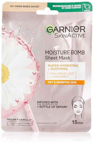Garnier Moisture Bomb Chamomile and Hyaluronic Acid Sheet Face Mask, Hydrating & Soothing Face Sheet Mask, For Sensitive Skin, Cruelty Free &Vegan Tissue Mask, 28g