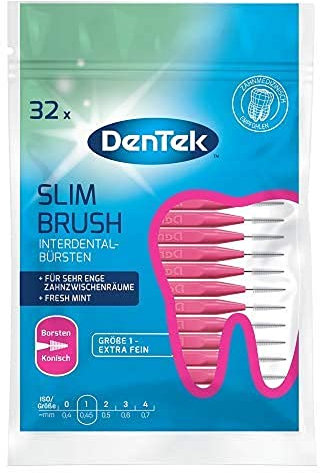 DenTek Slim Brush - Größe 1 - extra fein - für sehr enge Zahnzwischenräume - mit Minzgeschmack und hygienischer Schutzkappe, 32 Stück Pink