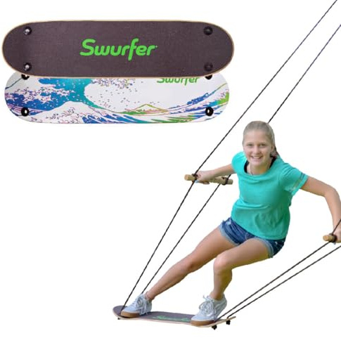 Swurfer TreeSkate Skateboard Swing, Outdoor Stand Up Surf Swing, Holds Up to 200 lbs, Ages 6 and Up, Adjustable Handles, Grip Tape, Kids Outdoor Play Equipment for Children and Adults (Waves) Blue